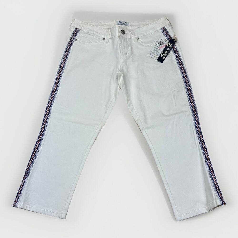 Seven7 Womens White Capri Jeans Size 10 Embroidered Stripe Crop Pants NWT